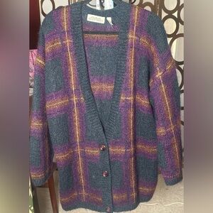 Vintage Ellen Tracy Mohair Cardigan Purple Black Fuzzy Cozy L